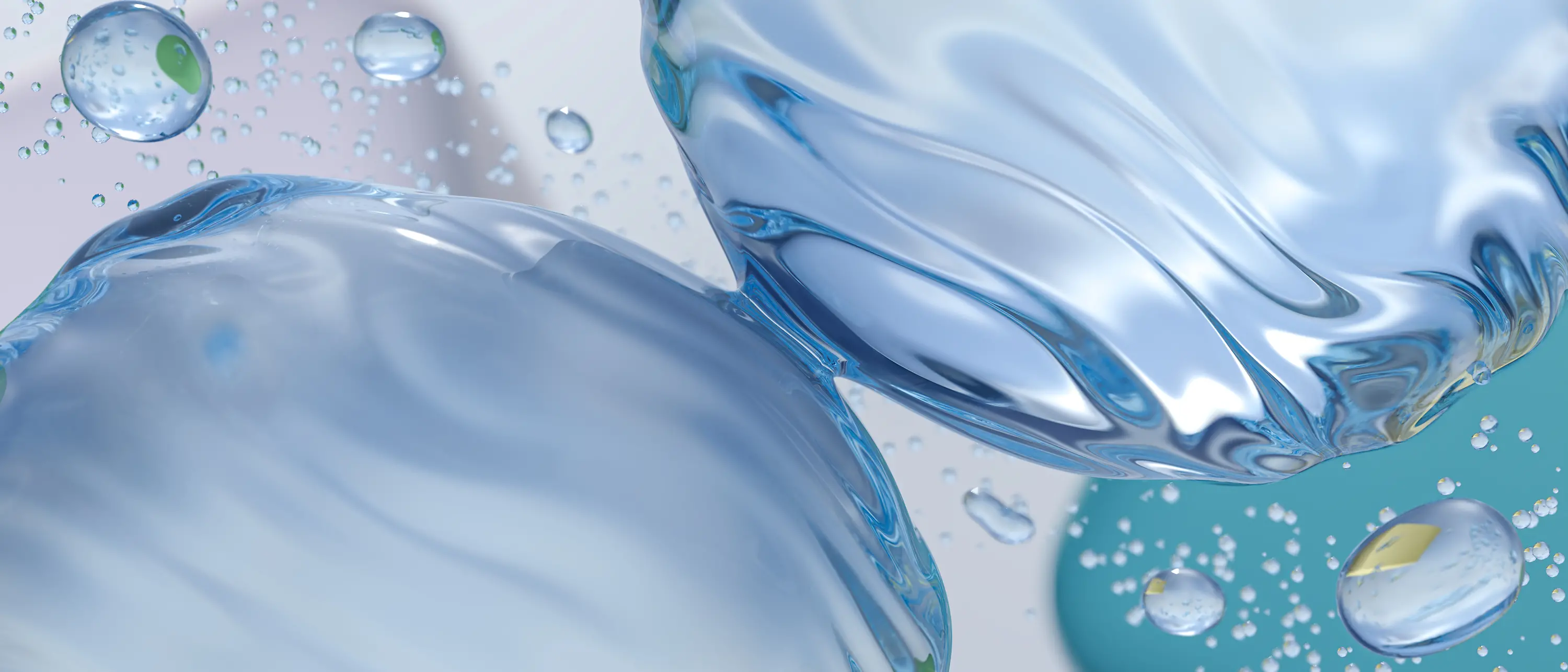 A CGI generated abstract picture with a close-up of bluish water droplets.