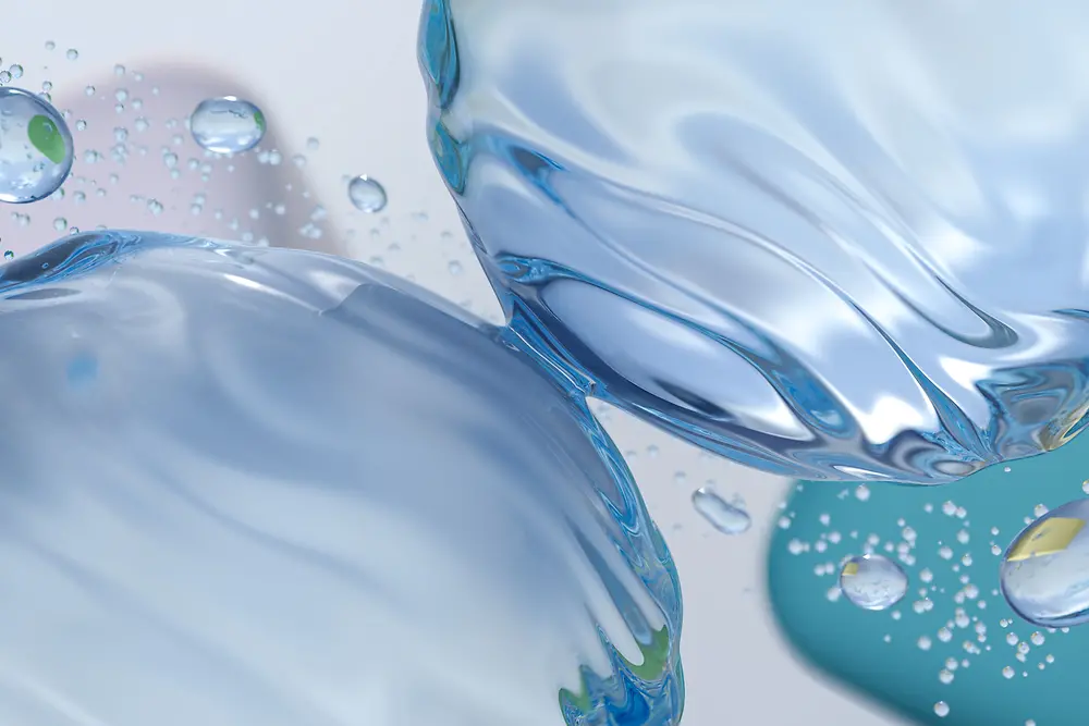 A CGI generated abstract picture with a close-up of bluish water droplets.